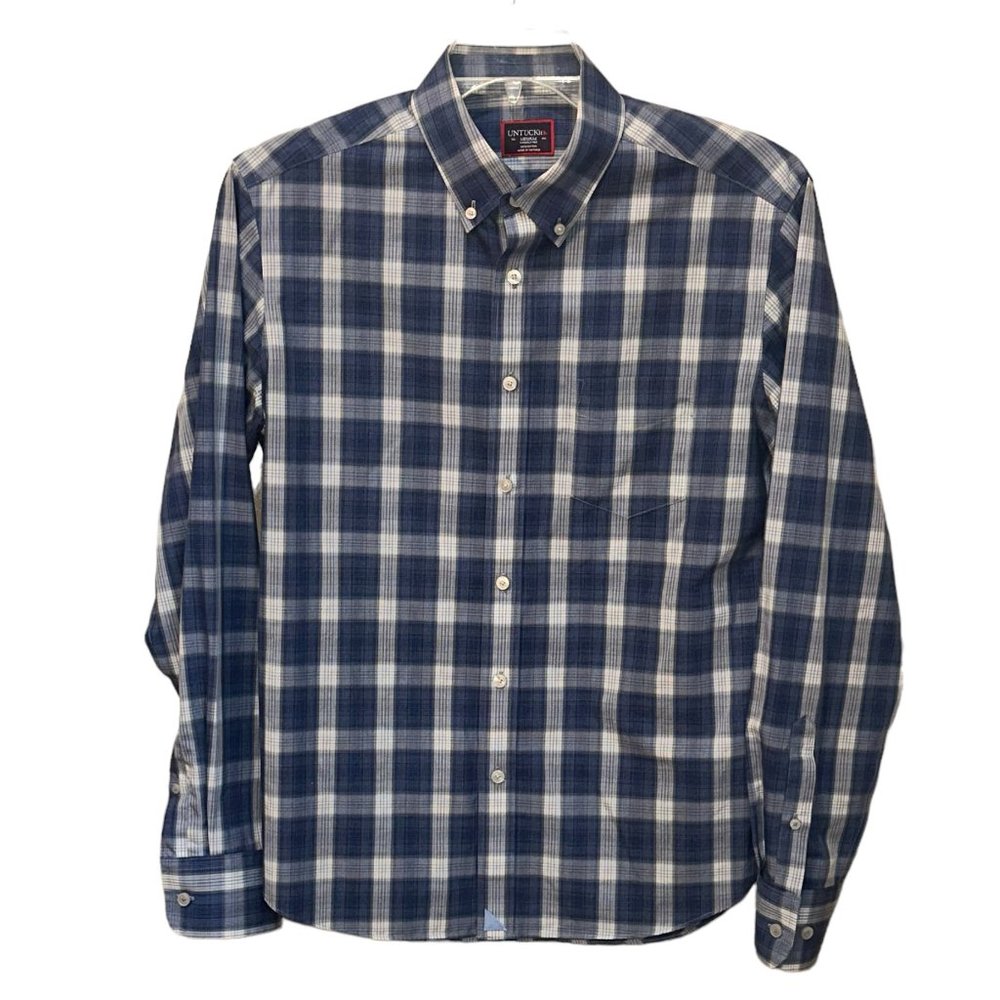 Men's UNTUCKit Blue/Grey Plaid Cotton Button Down Dress‎ Shirt Size Medium